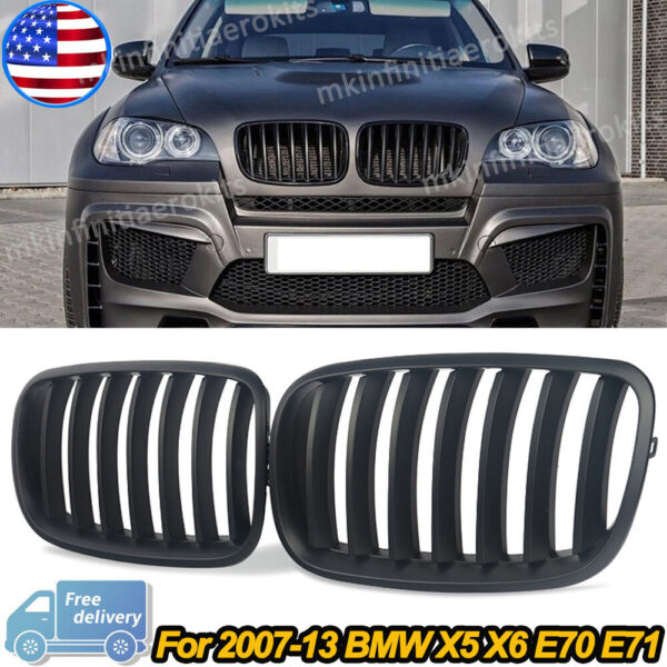 Grilles For BMW X5 X6 E70 E71 2007-2013 Pair Front Kindey Grilles Matte Black Single Slat - Image 2