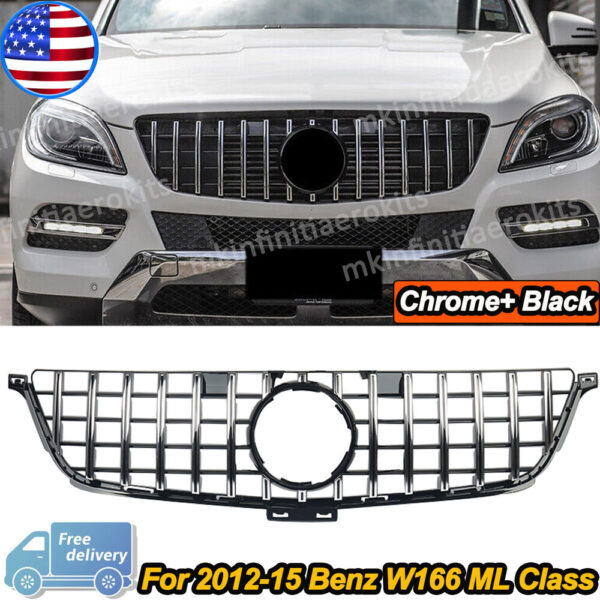 For Mercedes Benz W166 2012-2015 ML350 400 550 Front GT Grille Chrome Black - Image 2