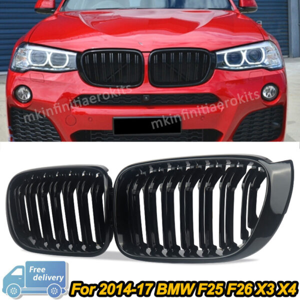 Grille fits for BMW X3 F25 X4 F26 2014-2017 Pair Gloss Black Front Kidney Grille - Image 2