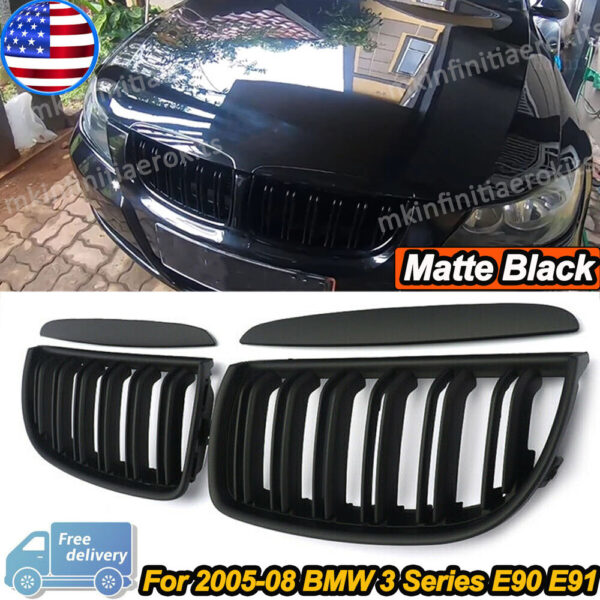 Front Kidney Grille Fits For 2005-2008 BMW E90 E91 325i 328i 335i Pre-LCI Matte Black - Image 2